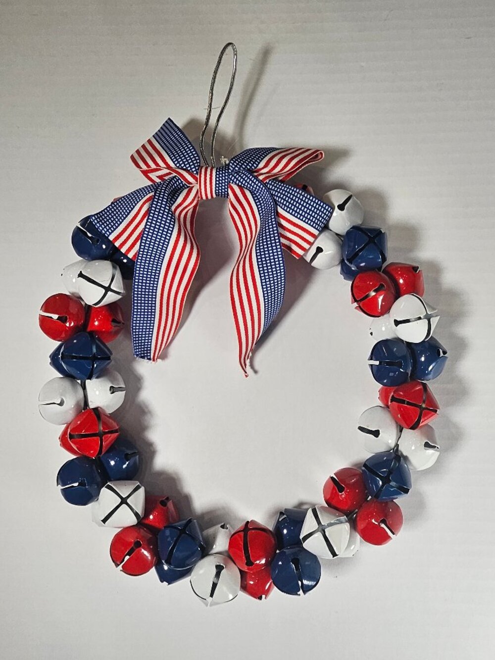 11" Patriotic Red White Blue Glossy Jingle Bells Door Wreath July 4th